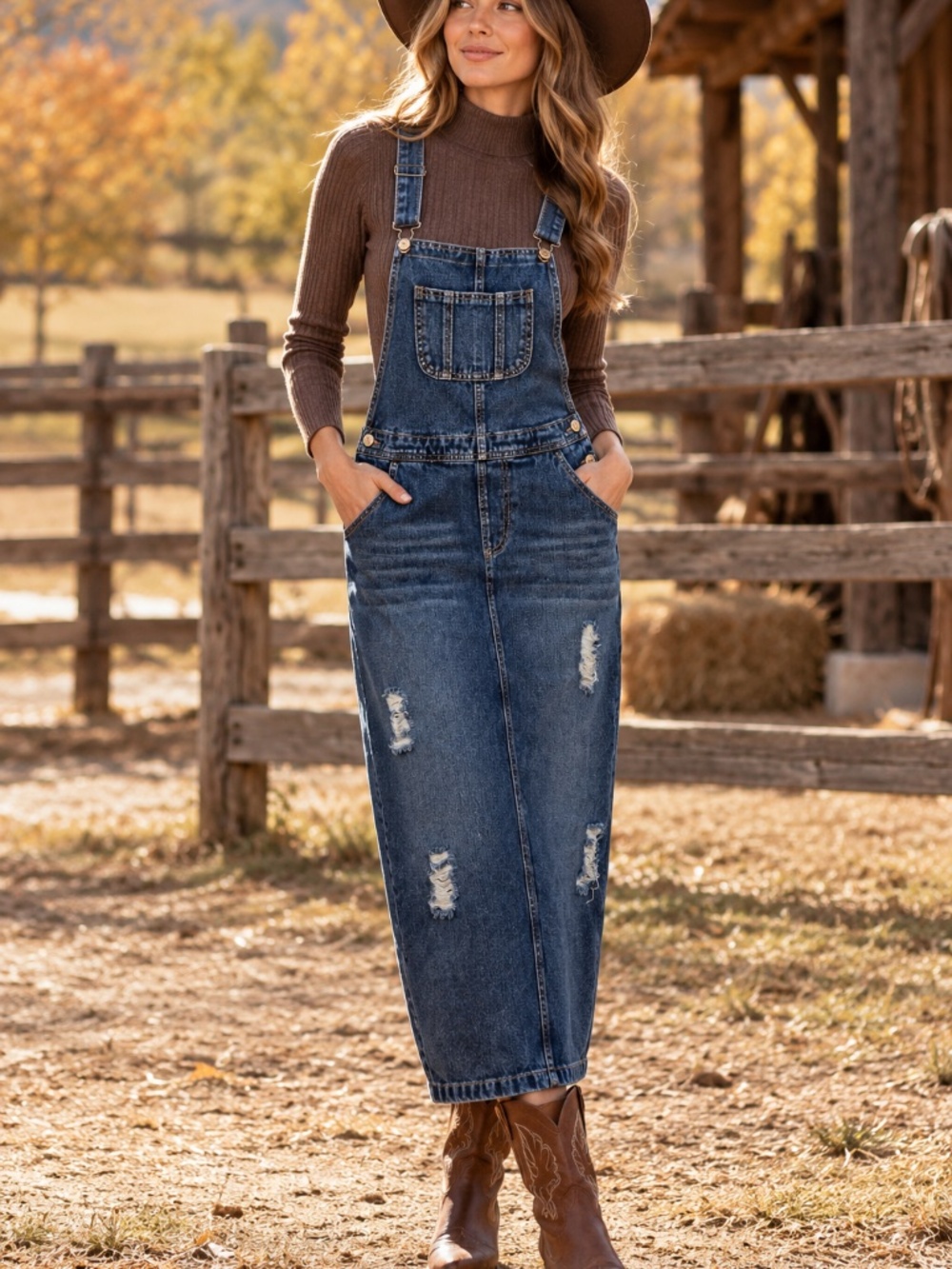 Denim overalls midi/maxi dress 6 bib cowgirl country western rodeo distressing